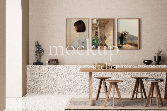 Set of 3 Prints Mockup, 3 Iso Wood Frames Mockup, Vintage Frame Mockup, Retro Interior Mockup, Digital Download, Mockup for Art Prints