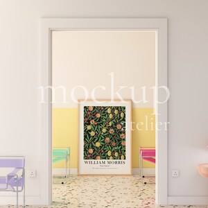 Preppy Interior A0 Wood Frame Mockup, Retro Modern Wall Art Mockup, Realistic Poster Shop Mockup, Warm Yellow Color Room Mockup, 4004