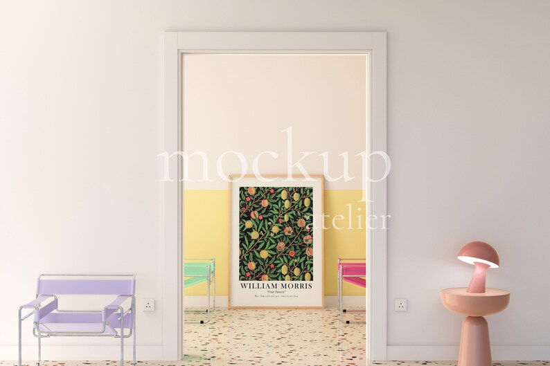 Preppy Interior A0 Wood Frame Mockup, Retro Modern Wall Art Mockup, Realistic Poster Shop Mockup, Warm Yellow Color Room Mockup, 4004