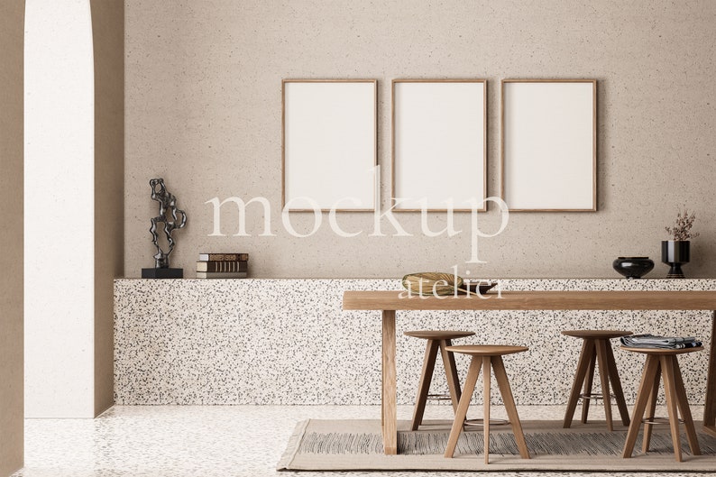Set of 3 Prints Mockup, 3 Iso Wood Frames Mockup, Vintage Frame Mockup, Retro Interior Mockup, Digital Download, Mockup for Art Prints