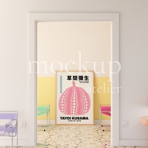 Preppy Interior A0 Wood Frame Mockup, Retro Modern Wall Art Mockup, Realistic Poster Shop Mockup, Warm Yellow Color Room Mockup, 4004