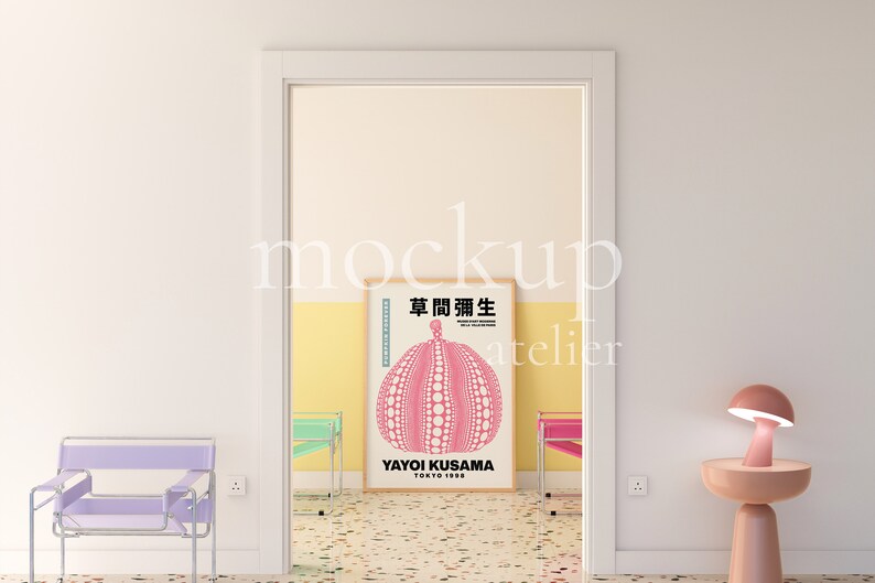 Preppy Interior A0 Wood Frame Mockup, Retro Modern Wall Art Mockup, Realistic Poster Shop Mockup, Warm Yellow Color Room Mockup, 4004