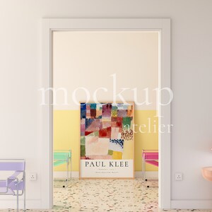 Preppy Interior A0 Wood Frame Mockup, Retro Modern Wall Art Mockup, Realistic Poster Shop Mockup, Warm Yellow Color Room Mockup, 4004