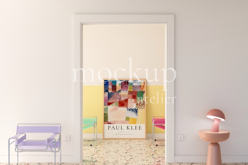 Preppy Interior A0 Wood Frame Mockup, Retro Modern Wall Art Mockup, Realistic Poster Shop Mockup, Warm Yellow Color Room Mockup, 4004