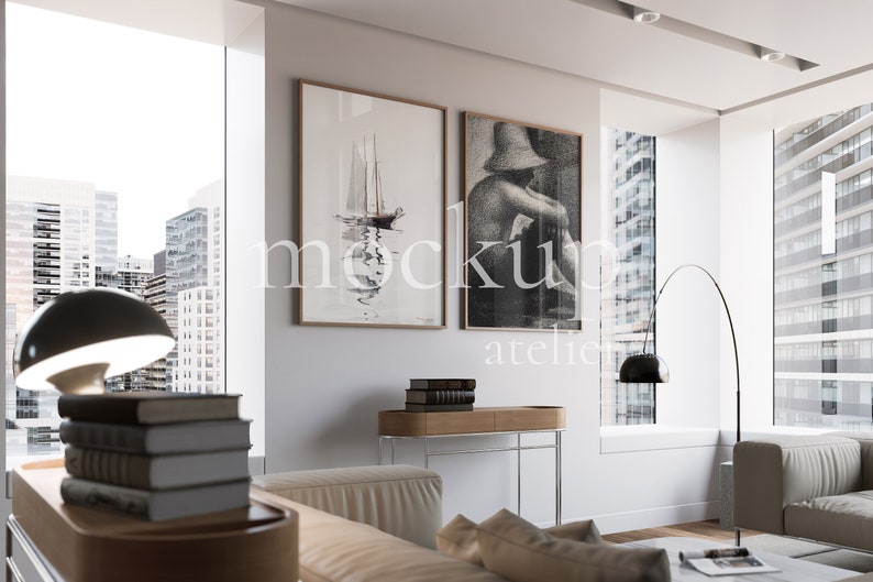 2 Pieces of A1 Wood Frame Mockup, Set of 2 Wall Art Mockup, Realistic Interior Minimalist Frame Design Mockup, Digital Psd Art Print Display