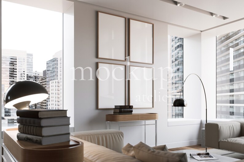 Modern Wall Art Set of 4 Frame Mockup, Chic Interior Wood Frame Mockup, Glass Reflection Poster Set Mockup, Realistic Home Decor Mockup