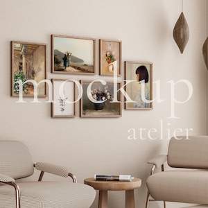 Six Gallery Frame Mockup, Set of 6 Frame Mockup, Wood Frame Set, Vintage Interior Mockup Scene, Above Sofa Frame Mockup, Digital Download