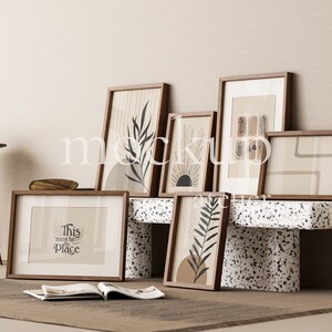 6 Wood Frames Mockup, Set of 6 Poster Mockup, Vintage Interior Wall Art Mockup, Boho Frame Mockup, Walnut Frame Mockup, Photo Frame Mockup