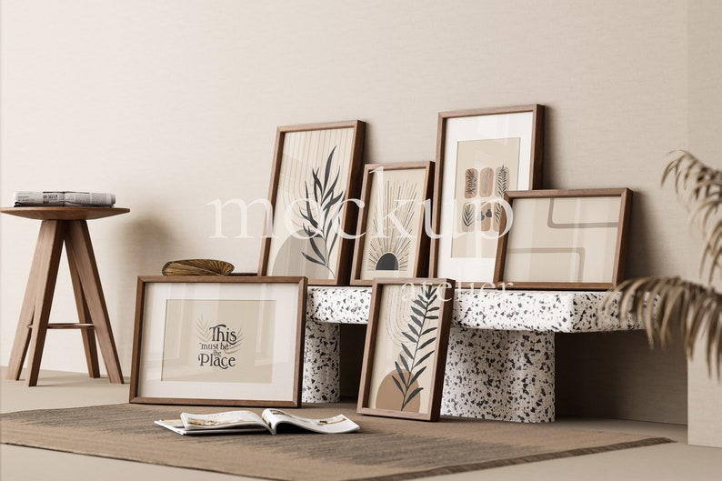 6 Wood Frames Mockup, Set of 6 Poster Mockup, Vintage Interior Wall Art Mockup, Boho Frame Mockup, Walnut Frame Mockup, Photo Frame Mockup