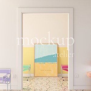 Preppy Interior A0 Wood Frame Mockup, Retro Modern Wall Art Mockup, Realistic Poster Shop Mockup, Warm Yellow Color Room Mockup, 4004