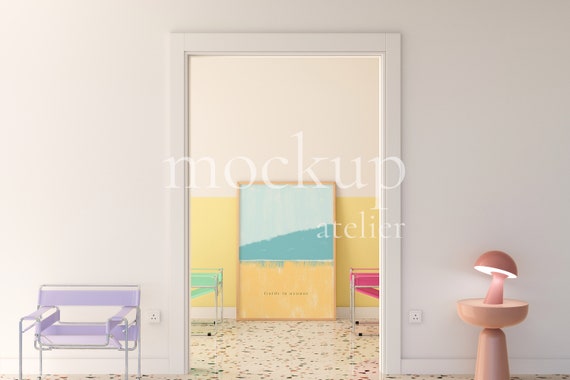 Preppy Interior A0 Wood Frame Mockup, Retro Modern Wall Art Mockup, Realistic Poster Shop Mockup, Warm Yellow Color Room Mockup, 4004