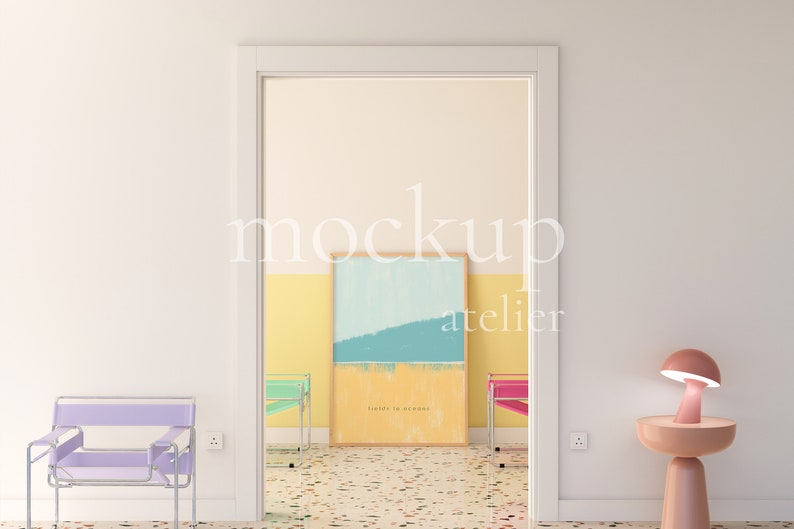 Preppy Interior A0 Wood Frame Mockup, Retro Modern Wall Art Mockup, Realistic Poster Shop Mockup, Warm Yellow Color Room Mockup, 4004