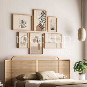 Angle View Schlafzimmer Innenmodell, 6 Frames Wandset Mockup, digitaler Download, Kunstwerk, Leichtholzrahmen Mockup, Horizontaler Rahmen