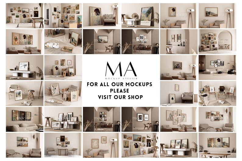 Op de afbeelding: Een collage van 18 verschillende interieurmockups met verschillende ingelijste kunstwerken, meubels en decoraties. De mockups tonen verschillende stijlen en arrangementen en bieden inspiratie voor interieurontwerp.
