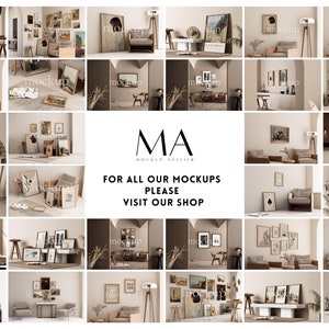 May include: A collage of 18 different mockups featuring various frames and artwork in a modern living room setting. The frames are displayed on walls, shelves, and tables. The room is decorated in a neutral color palette with beige walls and furniture. The text "MA MOCKUP AESTHETIC" and "FOR ALL OUR MOCKUPS PLEASE VISIT OUR SHOP" is displayed in the center of the image.