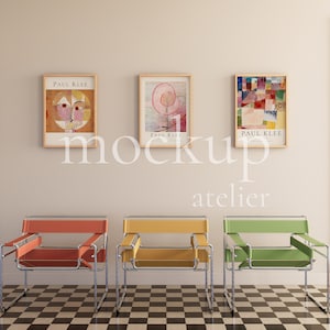 Realistic 3 Frames Mockup, Modern Interior Wall Art Mockup, Retro Style Wood Frame Mockup, 5x7 Ratio Frame Mockup, Colorful Interior Mockup