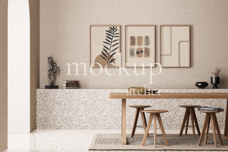 Set of 3 Prints Mockup, 3 Iso Wood Frames Mockup, Vintage Frame Mockup, Retro Interior Mockup, Digital Download, Mockup for Art Prints