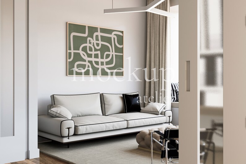Modern Artistic Interior Horizontal Frame Mockup, Big Wood A0 Landscape Wall Art Mockup, Natural Light Apartment Mockup, Home Decor Mockup