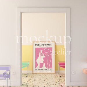 Preppy Interior A0 Wood Frame Mockup, Retro Modern Wall Art Mockup, Realistic Poster Shop Mockup, Warm Yellow Color Room Mockup, 4004