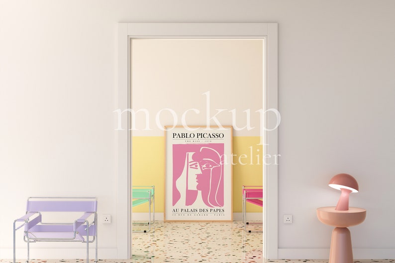 Preppy Interior A0 Wood Frame Mockup, Retro Modern Wall Art Mockup, Realistic Poster Shop Mockup, Warm Yellow Color Room Mockup, 4004