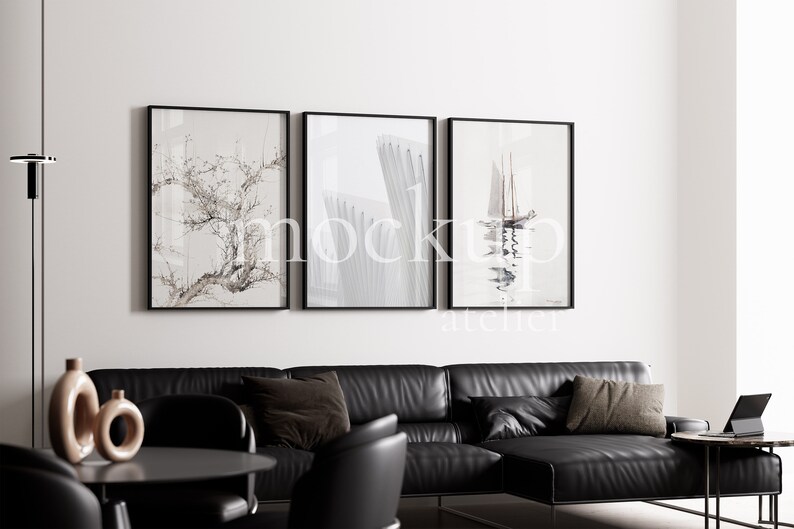 3 Black Frames Mockup with Glass Reflection On/Off, Home Interior Mockup, Thin Frame Set Mockup, 5x7 Frames Mockup, Digital Download, 705