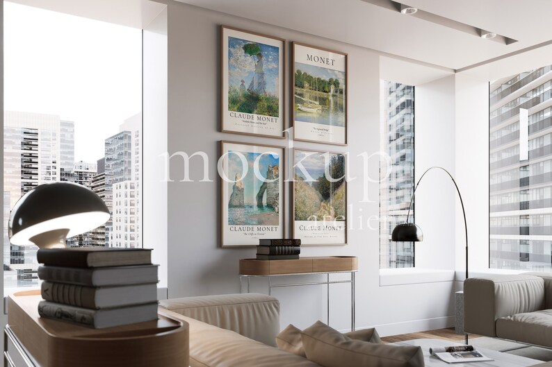 Modern Wall Art Set of 4 Frame Mockup, Chic Interior Wood Frame Mockup, Glass Reflection Poster Set Mockup, Realistic Home Decor Mockup