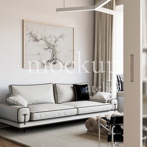 Modern Artistic Interior Horizontal Frame Mockup, Big Wood A0 Landscape Wall Art Mockup, Natural Light Apartment Mockup, Home Decor Mockup