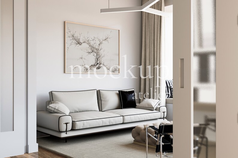 Modern Artistic Interior Horizontal Frame Mockup, Big Wood A0 Landscape Wall Art Mockup, Natural Light Apartment Mockup, Home Decor Mockup