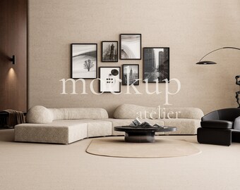 Gallery 6 Frames Mockup, Black Frames Mockup, Modern Interior Mockup, Set of 6 Prints Mockup, Poster Set Mockup, Glass Reflection