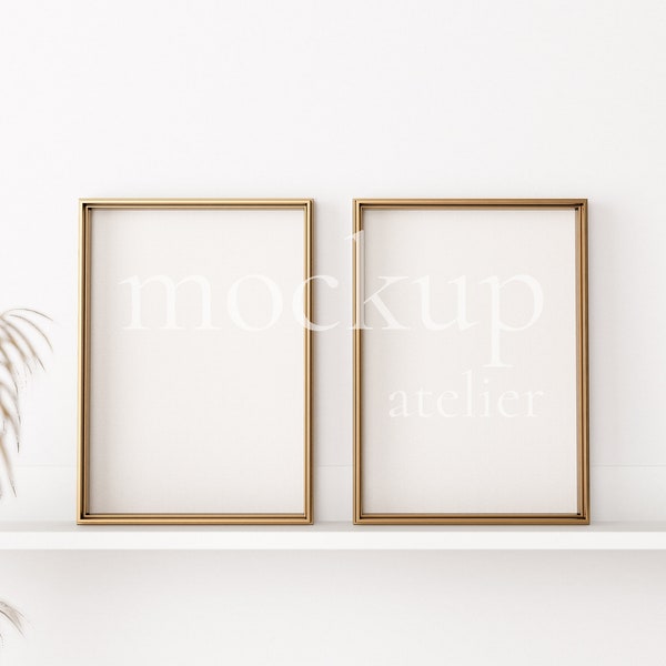 2 A4 Gold Frames Mockup, Shiny Metal Frame Bundle Mockup, Golden Frame Mockup, Minimalist Interior Mockup, Vintage Poster Mockup, 159