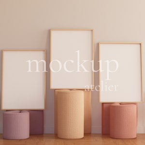 Retro Colorful Interior Wood Frame Mockup, 3 Frames Mockup, Preppy Wall Decor Mockup, Nursery Poster Mockup, A1 Frame Mockup, Digital Psd