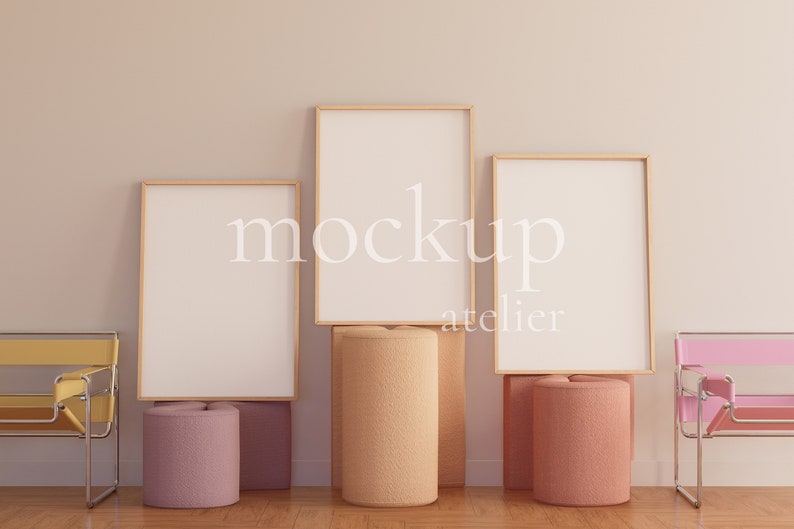 Retro Colorful Interior Wood Frame Mockup, 3 Frames Mockup, Preppy Wall Decor Mockup, Nursery Poster Mockup, A1 Frame Mockup, Digital Psd