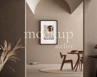 Single Black Frame Mockup with Glass Reflection, Passe Partout Frame Mockup, Modern Interior Mockup, Vintage Interior Art Print Mockup