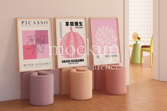 3 Wood Frames Mockup, Preppy Side View Poster Set Mockup, A1 Frame Mockup, Colorful Interior Mockup, Realistic Modern Frame Mockup, Digital