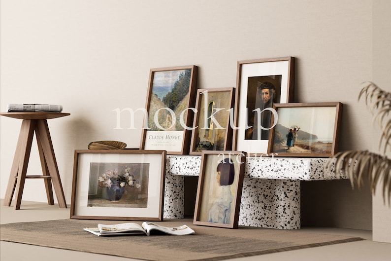 6 Wood Frames Mockup, Set of 6 Poster Mockup, Vintage Interior Wall Art Mockup, Boho Frame Mockup, Walnut Frame Mockup, Photo Frame Mockup