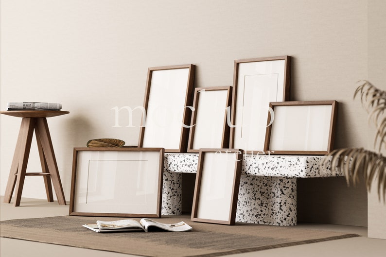 6 Wood Frames Mockup, Set of 6 Poster Mockup, Vintage Interior Wall Art Mockup, Boho Frame Mockup, Walnut Frame Mockup, Photo Frame Mockup