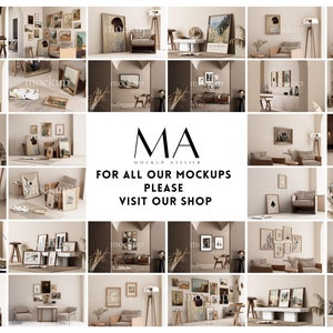 May include: A collage of 18 different interior design mockups featuring various framed artwork, furniture, and decor. The mockups showcase different styles and arrangements, providing inspiration for home design.