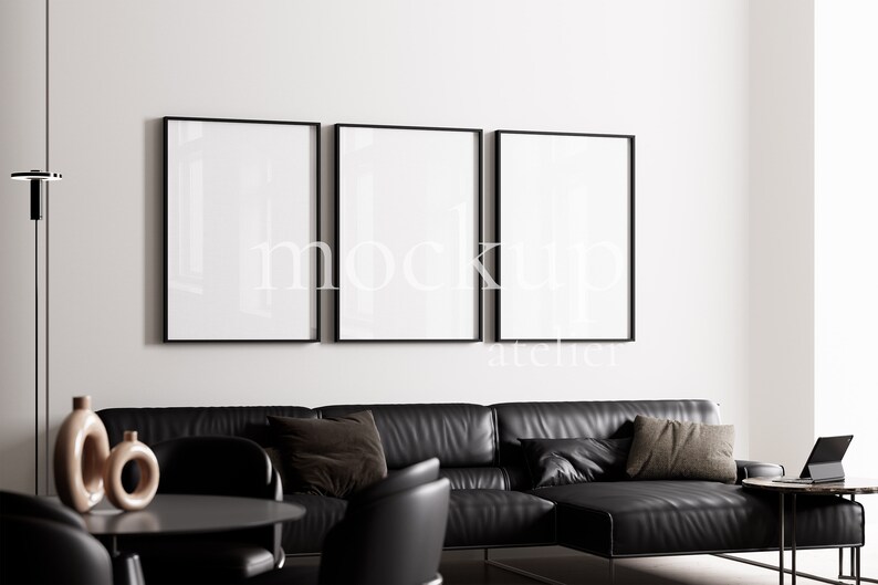 3 Black Frames Mockup with Glass Reflection On/Off, Home Interior Mockup, Thin Frame Set Mockup, 5x7 Frames Mockup, Digital Download, 705