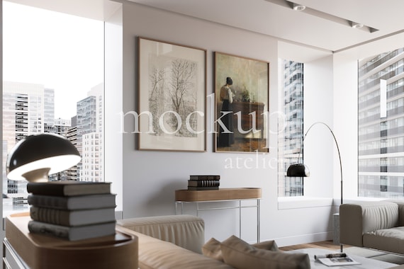 2 Pieces of A1 Wood Frame Mockup, Set of 2 Wall Art Mockup, Realistic Interior Minimalist Frame Design Mockup, Digital Psd Art Print Display