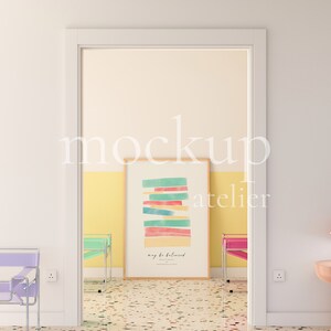 Preppy Interior A0 Wood Frame Mockup, Retro Modern Wall Art Mockup, Realistic Poster Shop Mockup, Warm Yellow Color Room Mockup, 4004