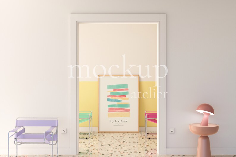Preppy Interior A0 Wood Frame Mockup, Retro Modern Wall Art Mockup, Realistic Poster Shop Mockup, Warm Yellow Color Room Mockup, 4004
