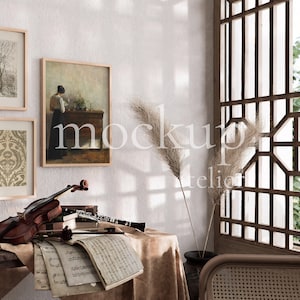Maqueta de conjunto de 3 marcos de madera, maqueta de decoración de interiores boho, maqueta de marco A3, A4, maqueta de conjunto de póster de 3 marcos, maqueta de impresión de arte vintage, maqueta de Psd