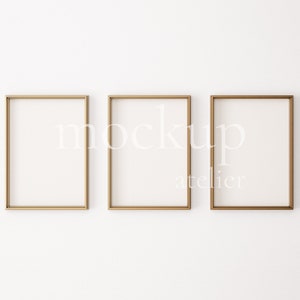 3 Vintage Gold Frames Mockup, Yellow Metal Frame Mockup, White Wall Mockup, 5x7 Ratio A4 Frame Mockup, Minimalist Interior Mockup, 164