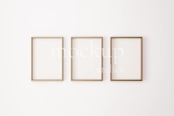 3 Vintage Gold Frames Mockup, Yellow Metal Frame Mockup, White Wall Mockup, 5x7 Ratio A4 Frame Mockup, Minimalist Interior Mockup, 164