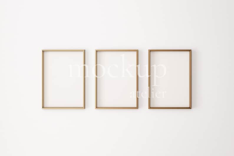 3 Vintage Gold Frames Mockup, Yellow Metal Frame Mockup, White Wall Mockup, 5x7 Ratio A4 Frame Mockup, Minimalist Interior Mockup, 164