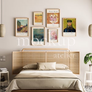 Boho Bedroom Interior Mockup, Set of 6 Posters Frame Mockup, Oak Frame Mockup, 5x7 Frame Mockup, Vertical Frame Bundle, Digital Download