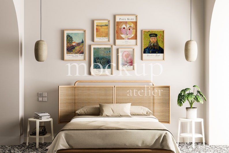 Boho Bedroom Interior Mockup, Set of 6 Posters Frame Mockup, Oak Frame Mockup, 5x7 Frame Mockup, Vertical Frame Bundle, Digital Download
