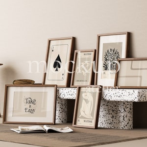 6 Wood Frames Mockup, Set of 6 Poster Mockup, Vintage Interior Wall Art Mockup, Boho Frame Mockup, Walnut Frame Mockup, Photo Frame Mockup