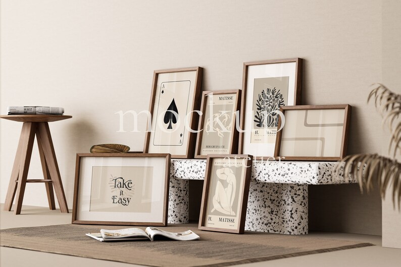 6 Wood Frames Mockup, Set of 6 Poster Mockup, Vintage Interior Wall Art Mockup, Boho Frame Mockup, Walnut Frame Mockup, Photo Frame Mockup