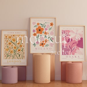 Retro Colorful Interior Wood Frame Mockup, 3 Frames Mockup, Preppy Wall Decor Mockup, Nursery Poster Mockup, A1 Frame Mockup, Digital Psd